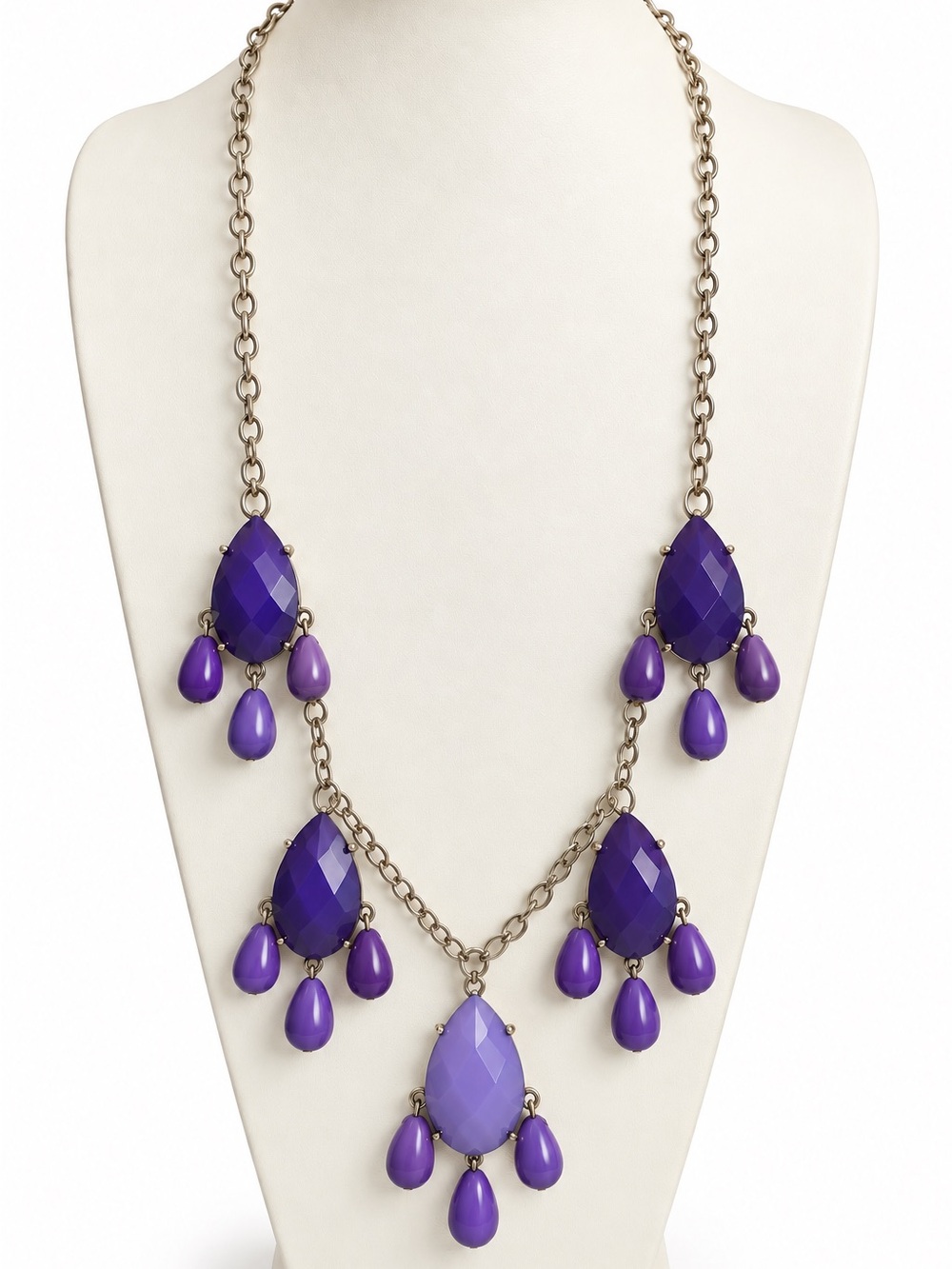 Purple Teardrop Statement Necklace Silver Tone Layered Fashion Jewelry